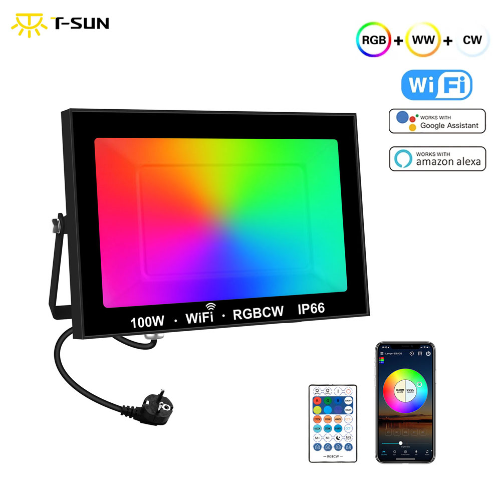 Outdoor Power Outlet Wifi - T-sunrgb 100w rgbスマートフラッドライト屋外スポットライトip66リモートコントロール暖かいクール照明wifiコントロールAlexaEU ukプラグ用