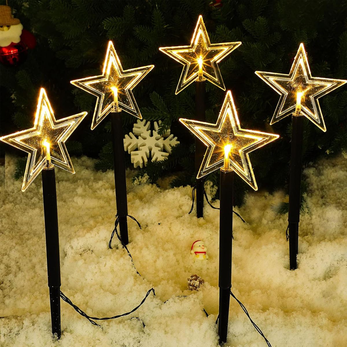 Outdoor Solar Power Xmas Lights - ソーラーパワークリスマスパパスライト、防水スノーフレーク、クリスマスツリー、ステークランプ付きスター、家の屋外の装飾に適しています、5個