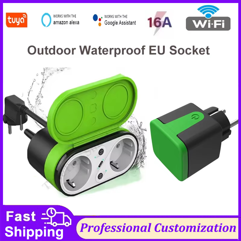 Outdoor Power Outlet - Tuya EU 16A Wifiスマート屋外プラグスイッチソケットIP44防水スマートダブルソケットタイマーAPP音声制御 Alexa Google対応