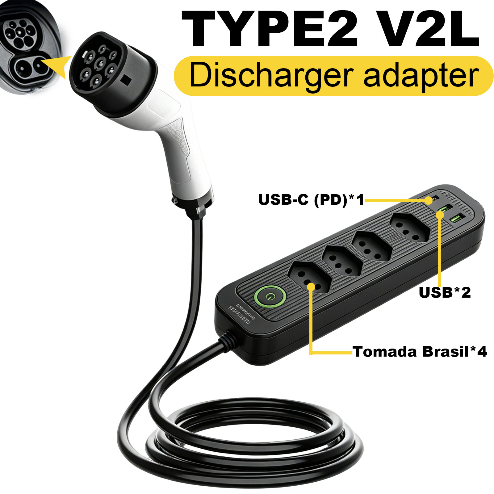 Outdoor Power Outlet - タイプ2 V2L放電アダプター 16A ブラジルソケット EVから屋外電源ステーションへ BYD