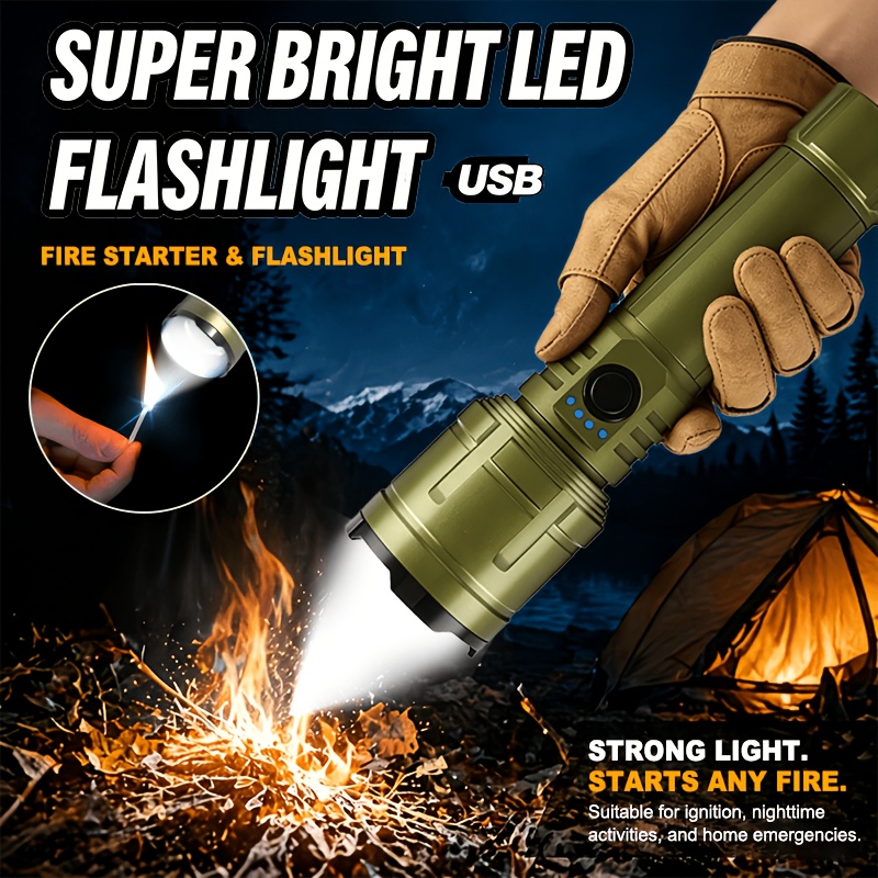 Outdoor Power Bank - 懐中電灯ライター＆モバイルバッテリーコンボ、充電式、ズーム可能な超高輝度ビーム、アウトドアキャンプ緊急用5モード懐中電灯