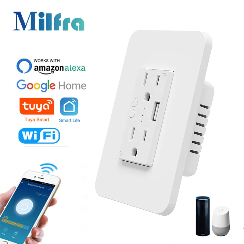 Outdoor Power Outlet Wifi - スマートwifiダブルウォールソケット,USB充電ポート,EUプラグ,US電源コンセント,オン/オフ,Tuyaスマートライフアプリ,音声リモコン